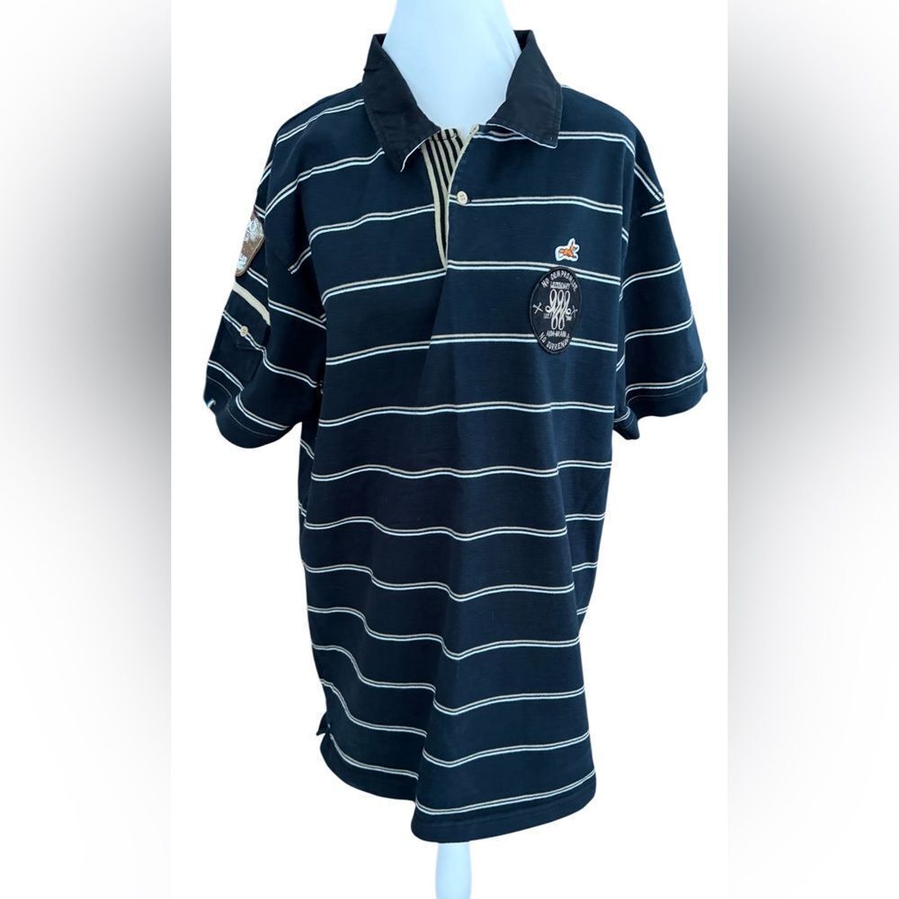 AKOO Black w/tan & cream stripes 100% cotton Polo Shirt size XL.